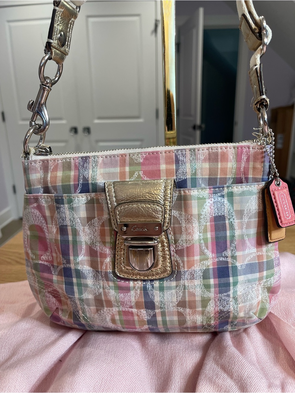 Coach Pastel Plaid Signature Shoulder Bag - Pink, Cream, Blue